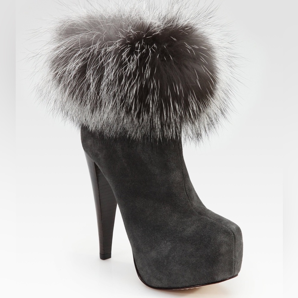 NWOB Alice + Olivia Penelope Suede & Fox Fur Ankle Platform Bootie